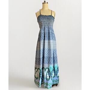 Miss Me L 100% Cotton Boho Smocked Maxi Dress Flowy Made in India Summer Casual